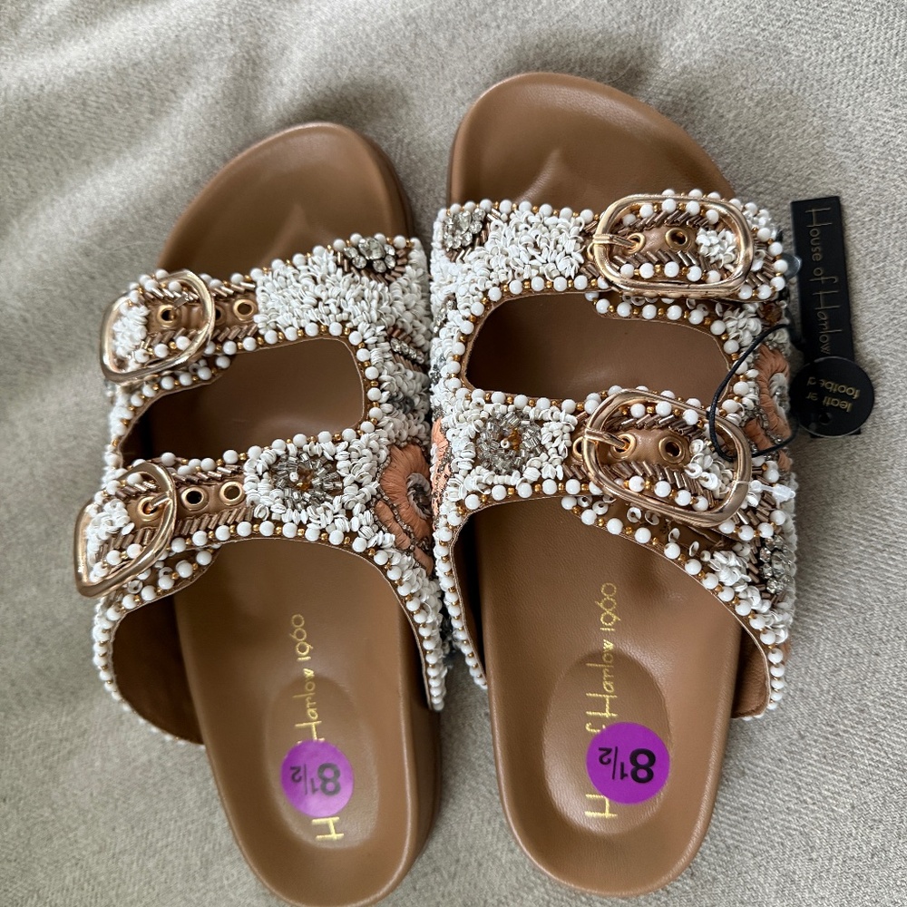 House of Harlow 1960 Cream and Brown Sandals with Rhinestone Embellishments